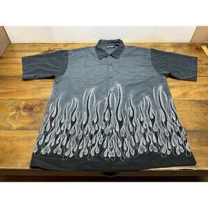 Vintage Sapphire Lounge Button Down Shirt Mens Size XL Gray Flames 90s Y2K